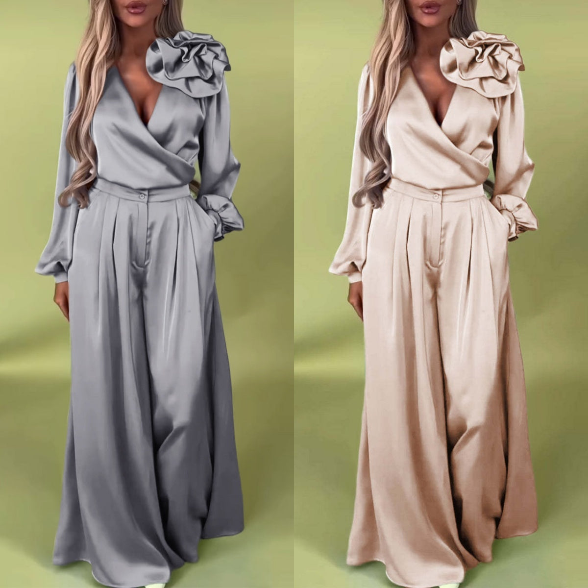 Compleu de lux cu cămașă din satin și pantaloni largi