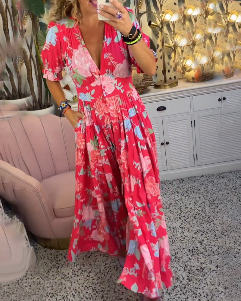 Catrisa™ - Rochie cu imprimeu floral și decolteu în V, cu buzunare