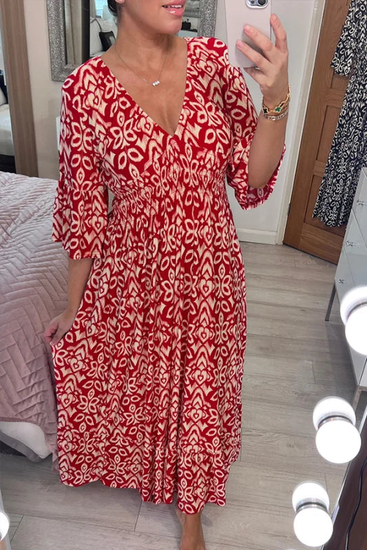 Rochie lungă boho casual cu imprimeu, decolteu în V și talie înfășurată