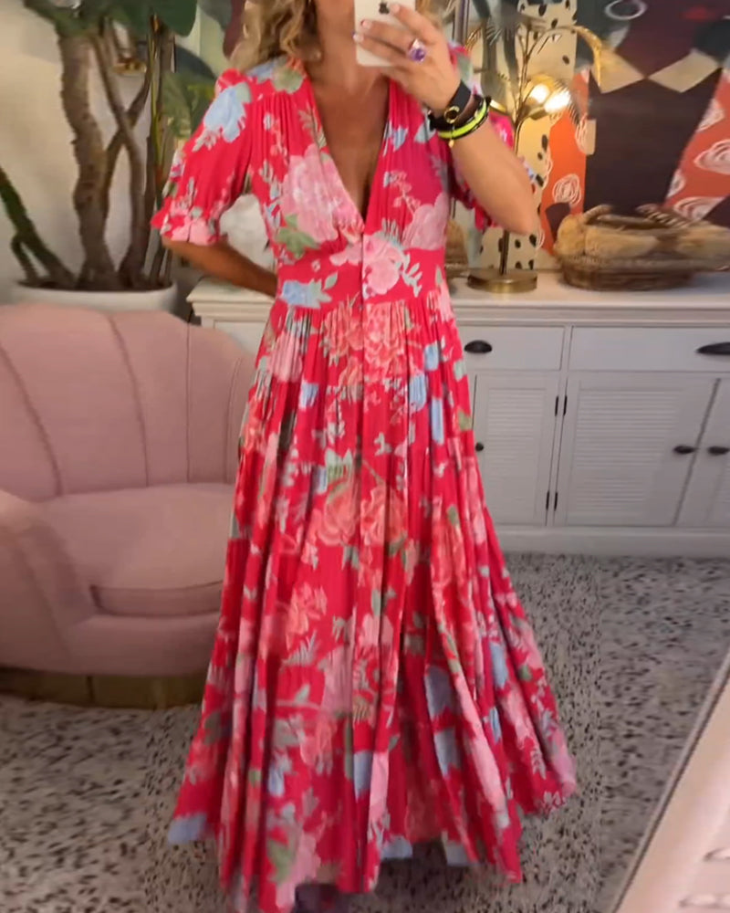Catrisa™ - Rochie cu imprimeu floral și decolteu în V, cu buzunare