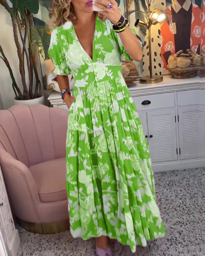 Catrisa™ - Rochie cu imprimeu floral și decolteu în V, cu buzunare
