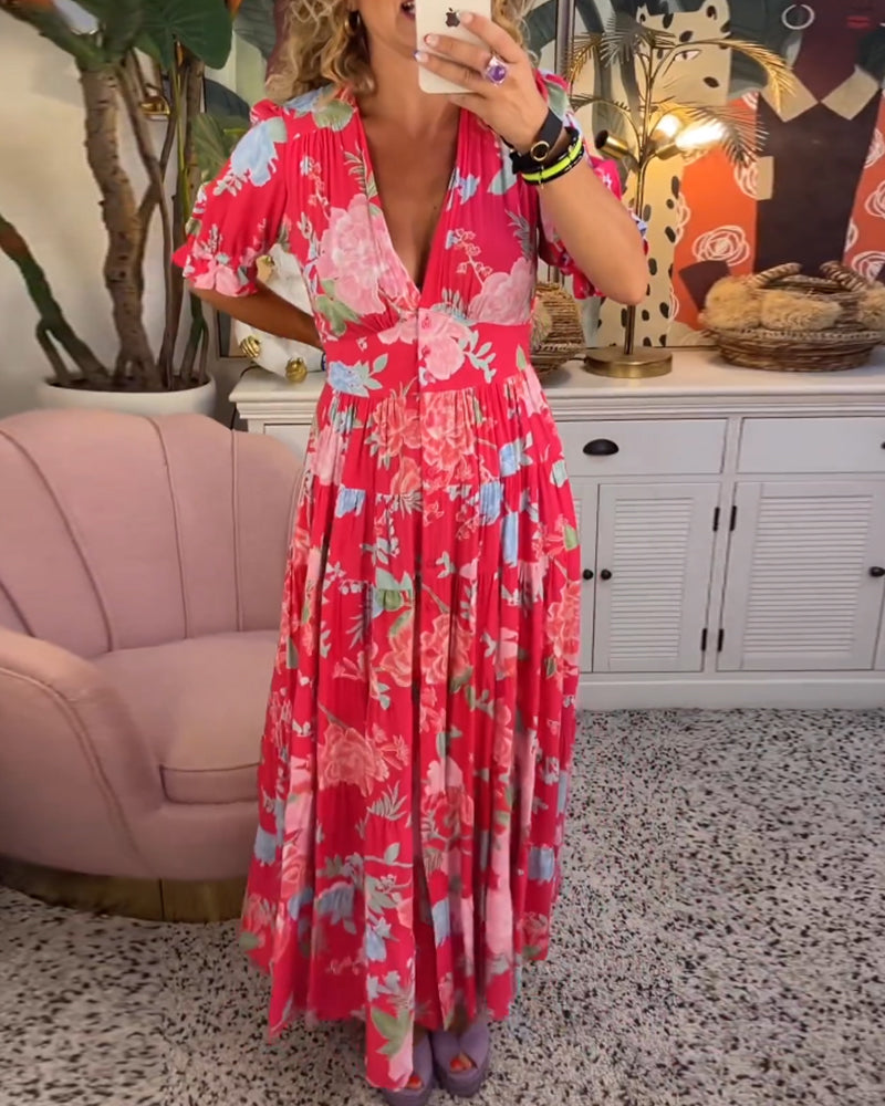 Catrisa™ - Rochie cu imprimeu floral și decolteu în V, cu buzunare