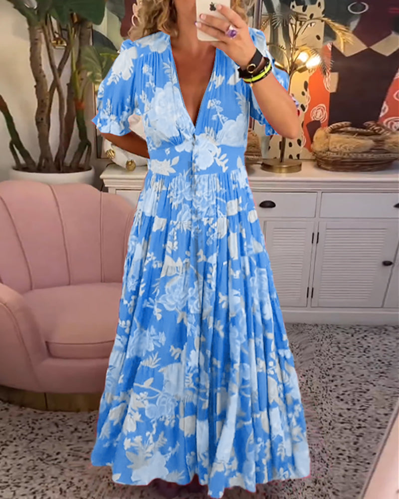 Catrisa™ - Rochie cu imprimeu floral și decolteu în V, cu buzunare