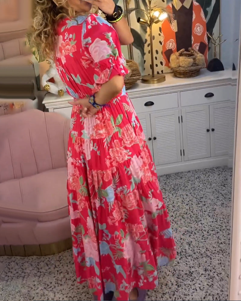 Catrisa™ - Rochie cu imprimeu floral și decolteu în V, cu buzunare