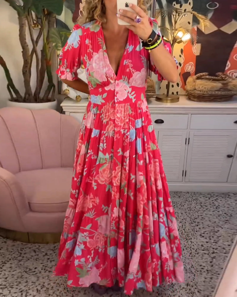 Catrisa™ - Rochie cu imprimeu floral și decolteu în V, cu buzunare