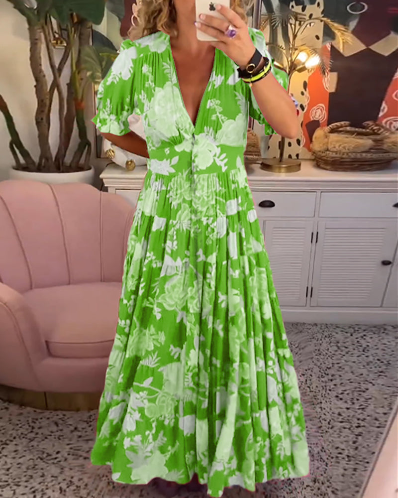 Catrisa™ - Rochie cu imprimeu floral și decolteu în V, cu buzunare