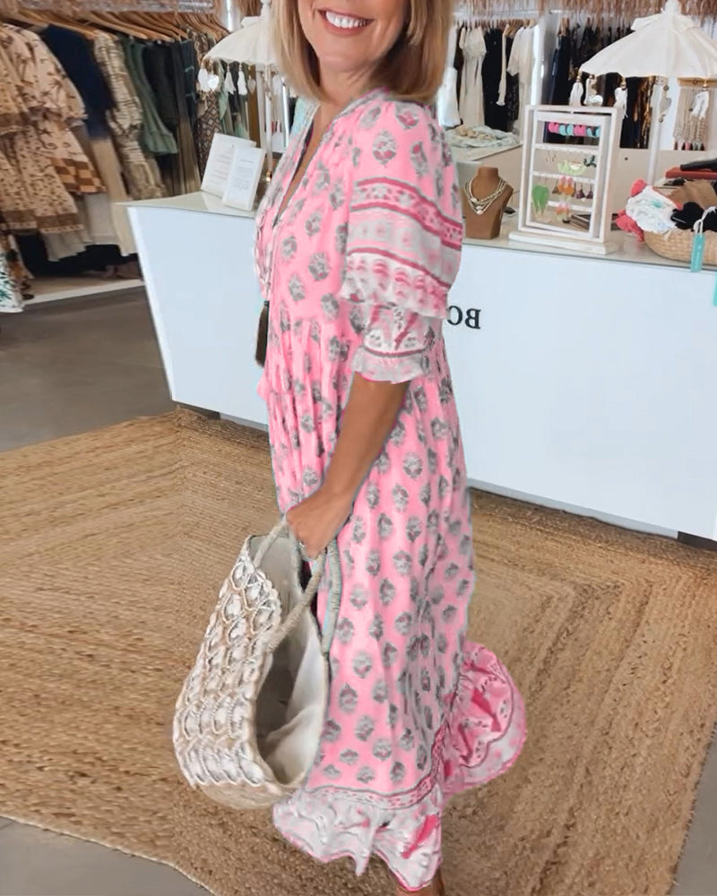 Modena™ - Rochie casual cu imprimeu, decolteu în V și mâneci scurte