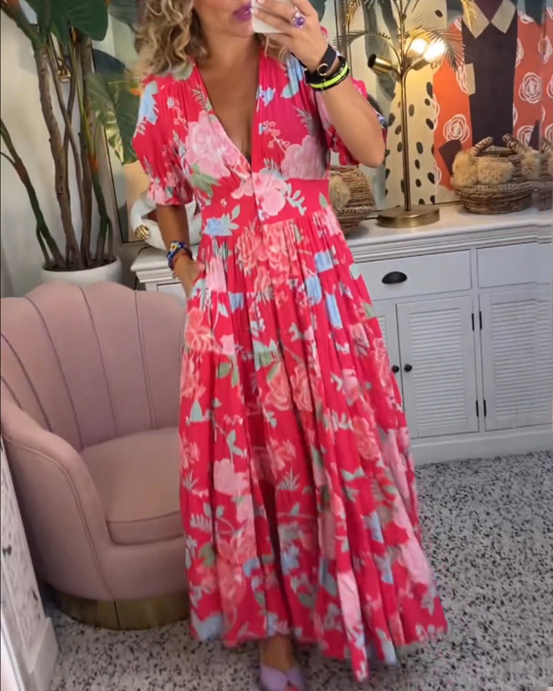 Catrisa™ - Rochie cu imprimeu floral și decolteu în V, cu buzunare