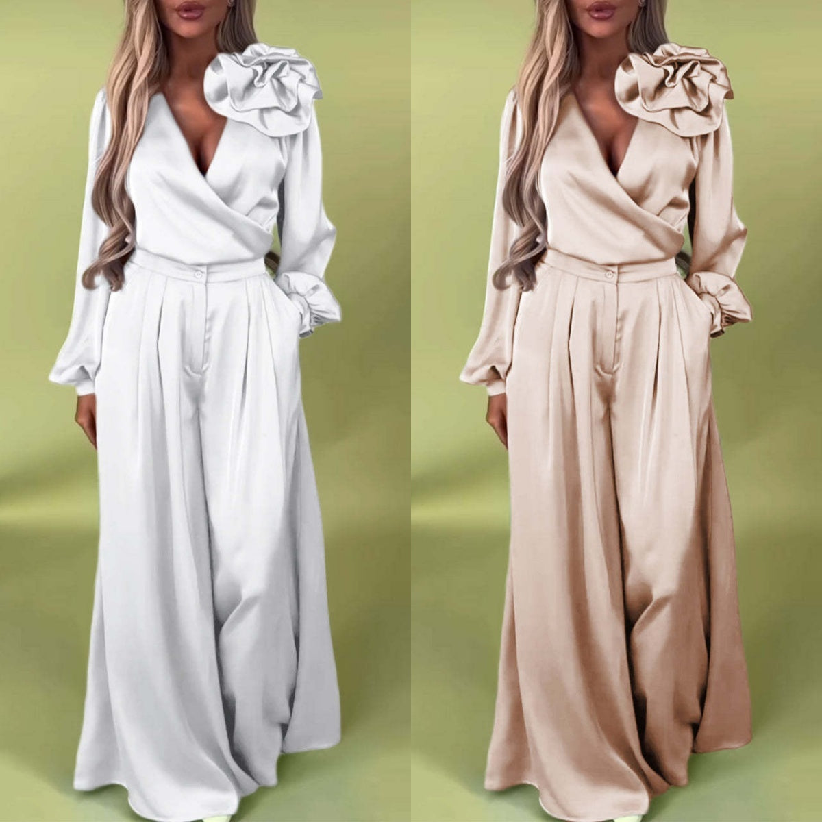 Compleu de lux cu cămașă din satin și pantaloni largi