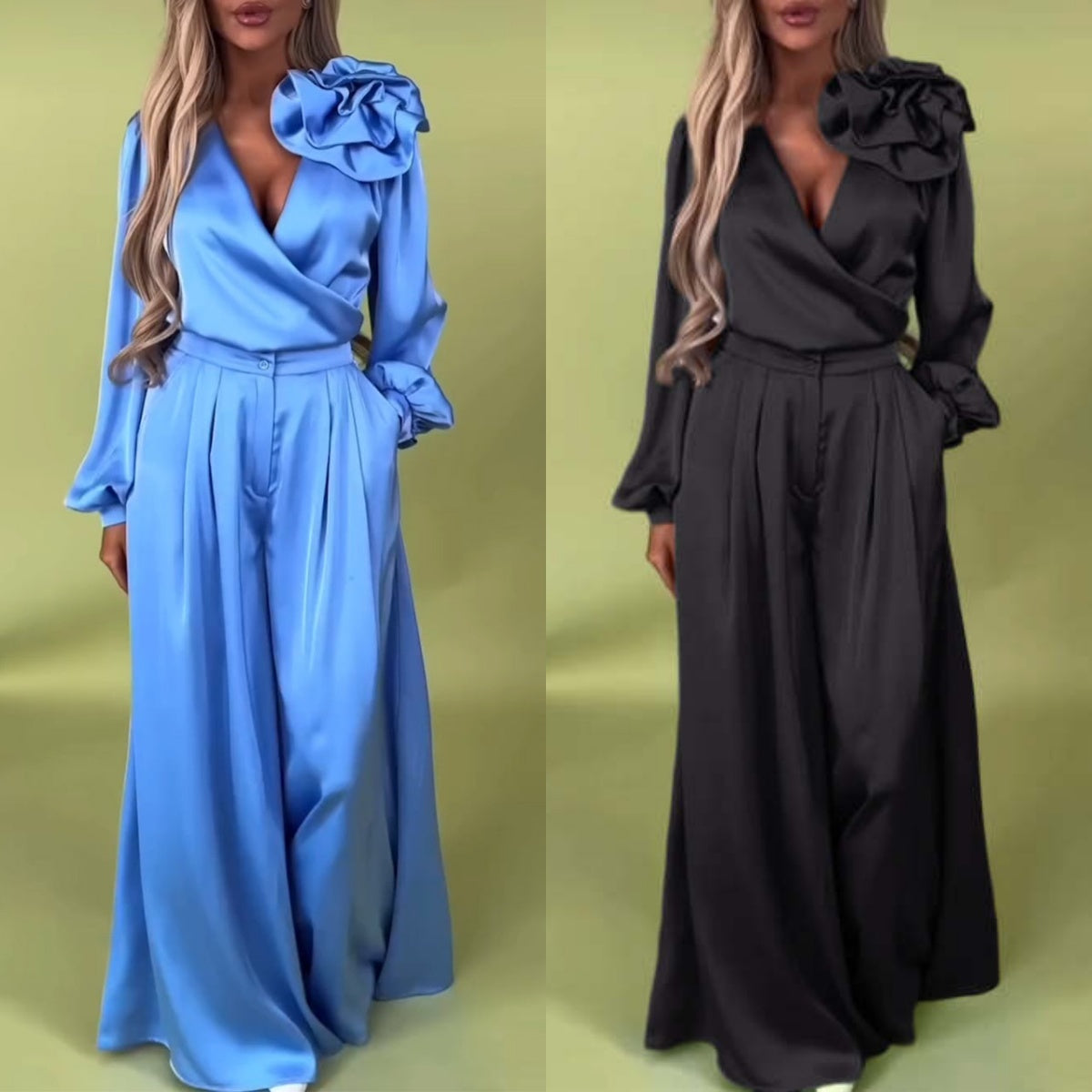 Compleu de lux cu cămașă din satin și pantaloni largi