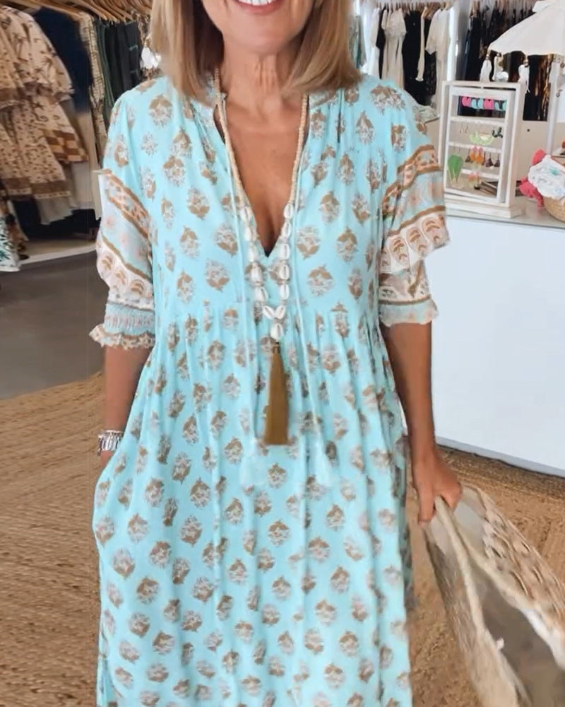 Modena™ - Rochie casual cu imprimeu, decolteu în V și mâneci scurte
