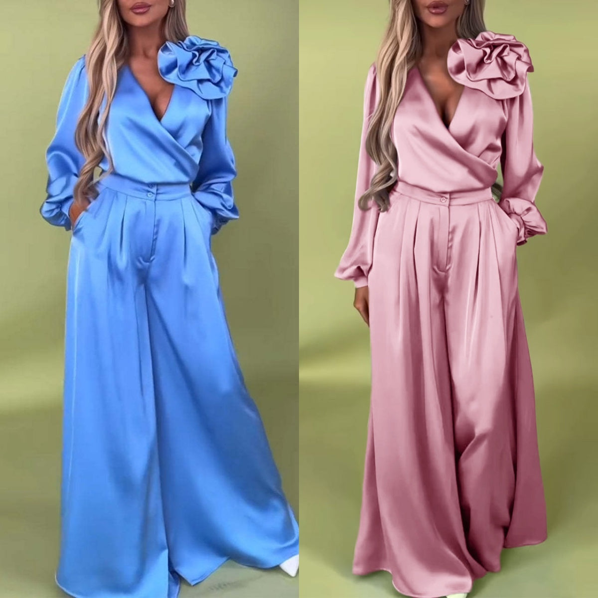 Compleu de lux cu cămașă din satin și pantaloni largi